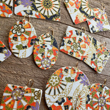 Load image into Gallery viewer, black, orange, green, purple and gold earrings